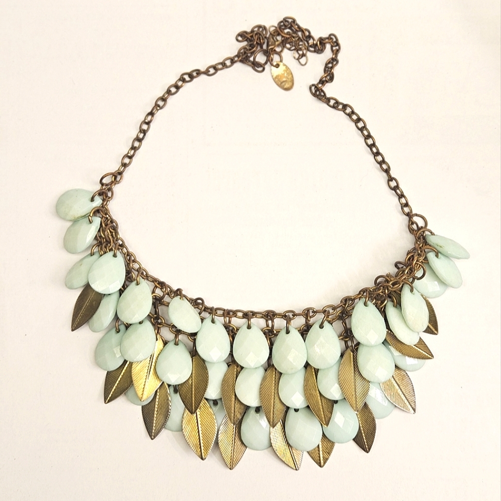 Pale Green Bead and Bronzetone Leaf Charm Bib Necklace